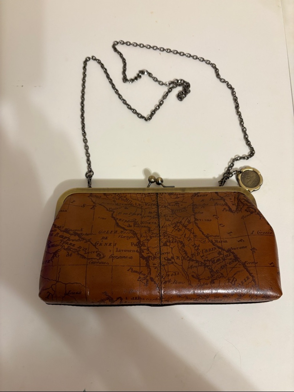 Patricia Nash Brown Map-Print Leather Frame Clutch with Chain